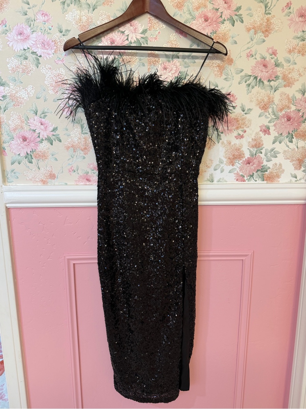 Amanda Uprichard Black Sequin Midi Dress with Feather Trim